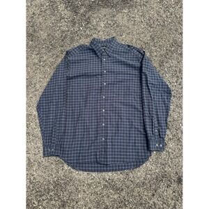 Eddie Bauer Mens Tall Large Navy Blue Grid Plaid Cotton Button Down Shirt L Tall